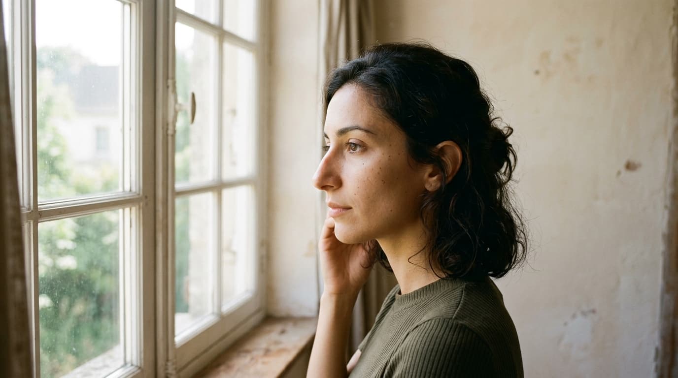 A woman in her late twenties with olive skin and loose dark curly hair, seen in profile beside a tall paned window in a quiet room with weathered plaster walls, wearing an olive ribbed top with one hand resting at her jaw, soft daylight falling across the bridge and tip of her nose