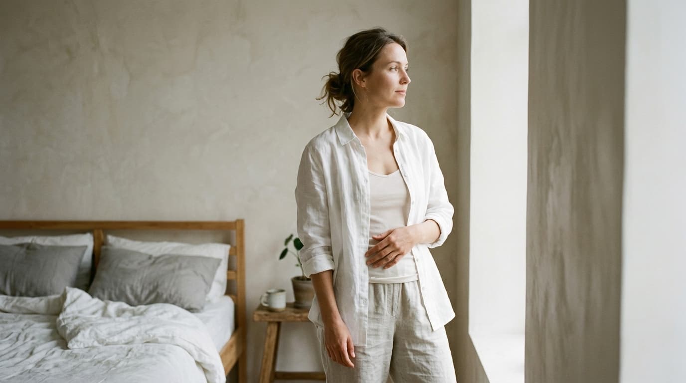 A woman in her thirties with her hair in a loose bun, standing beside a bright window in a quiet bedroom with pale plaster walls and an unmade linen bed behind her, wearing an open white linen shirt over a plain camisole and linen trousers, one hand resting on her lower abdomen, her face turned toward the light