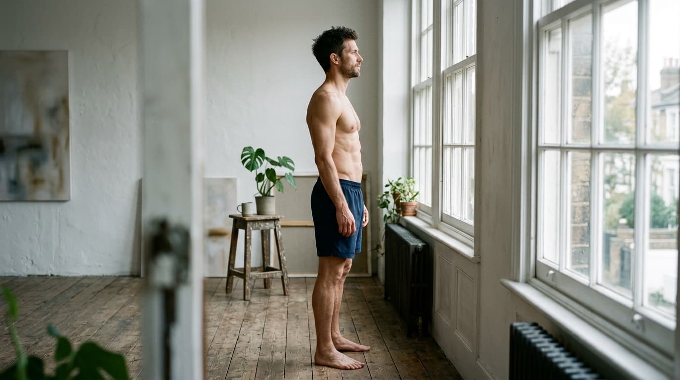 A lean athletic man in his early thirties standing barefoot in profile, looking out through tall white-paned sash windows in a whitewashed studio with worn wooden floorboards, wearing plain navy athletic shorts, torso relaxed with natural abdominal definition, a paint-flecked wooden stool with a mug and houseplants behind him, soft overcast daylight on realistic skin texture
