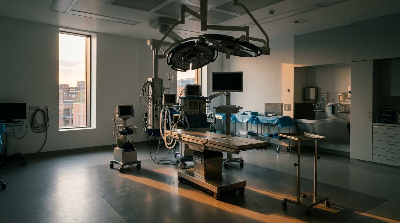 An empty modern operating theatre at the end of the day, a single overhead surgical light glowing dimly above a bare stainless-steel operating table, anesthesia machine and monitors standing dark, and low amber late-afternoon light entering from a tall window with a city skyline beyond it