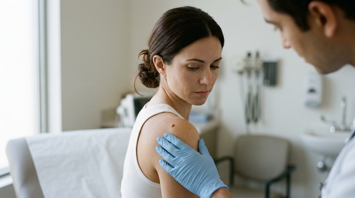 A woman in her mid-thirties in a white tank top, dark hair pulled back, seated in soft window light in a white clinic room and looking down at a small brown mole on her bare shoulder while a clinician's blue-gloved hand rests beside it