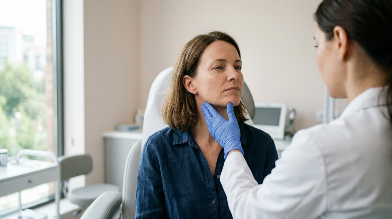A woman in her early forties with shoulder-length brown hair, in a navy linen shirt, seated upright in a treatment chair in a bright clinic room with a large window, as a clinician in a white coat, seen from behind, examines the area beneath her jaw with a blue-gloved hand