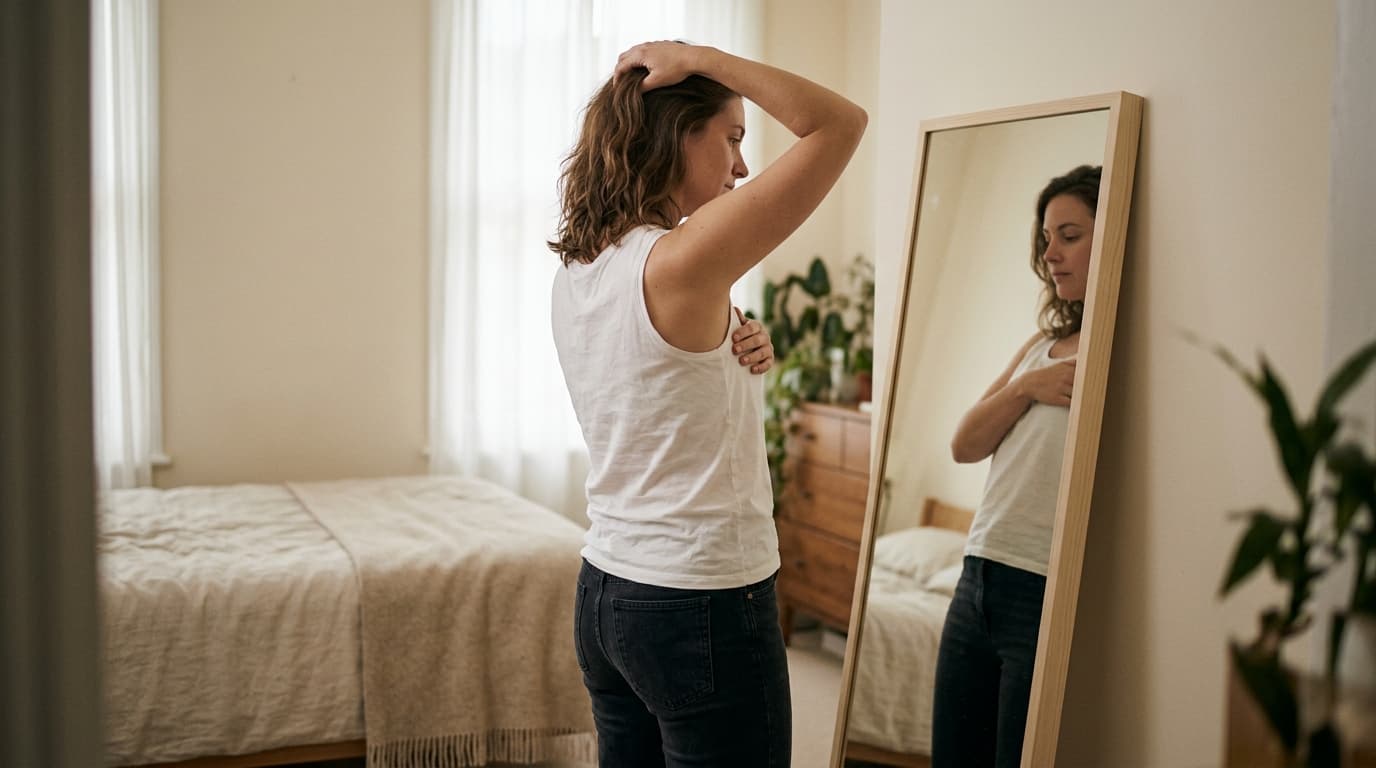A woman in her early thirties with shoulder-length wavy brown hair, wearing a plain white sleeveless cotton top and dark jeans, standing in soft window light in a cream-colored bedroom with a linen-covered bed and potted plants, one arm raised behind her head and the other hand pressed to the side of her chest beneath the arm as she looks at herself in a pale wood-framed full-length mirror leaning against the wall