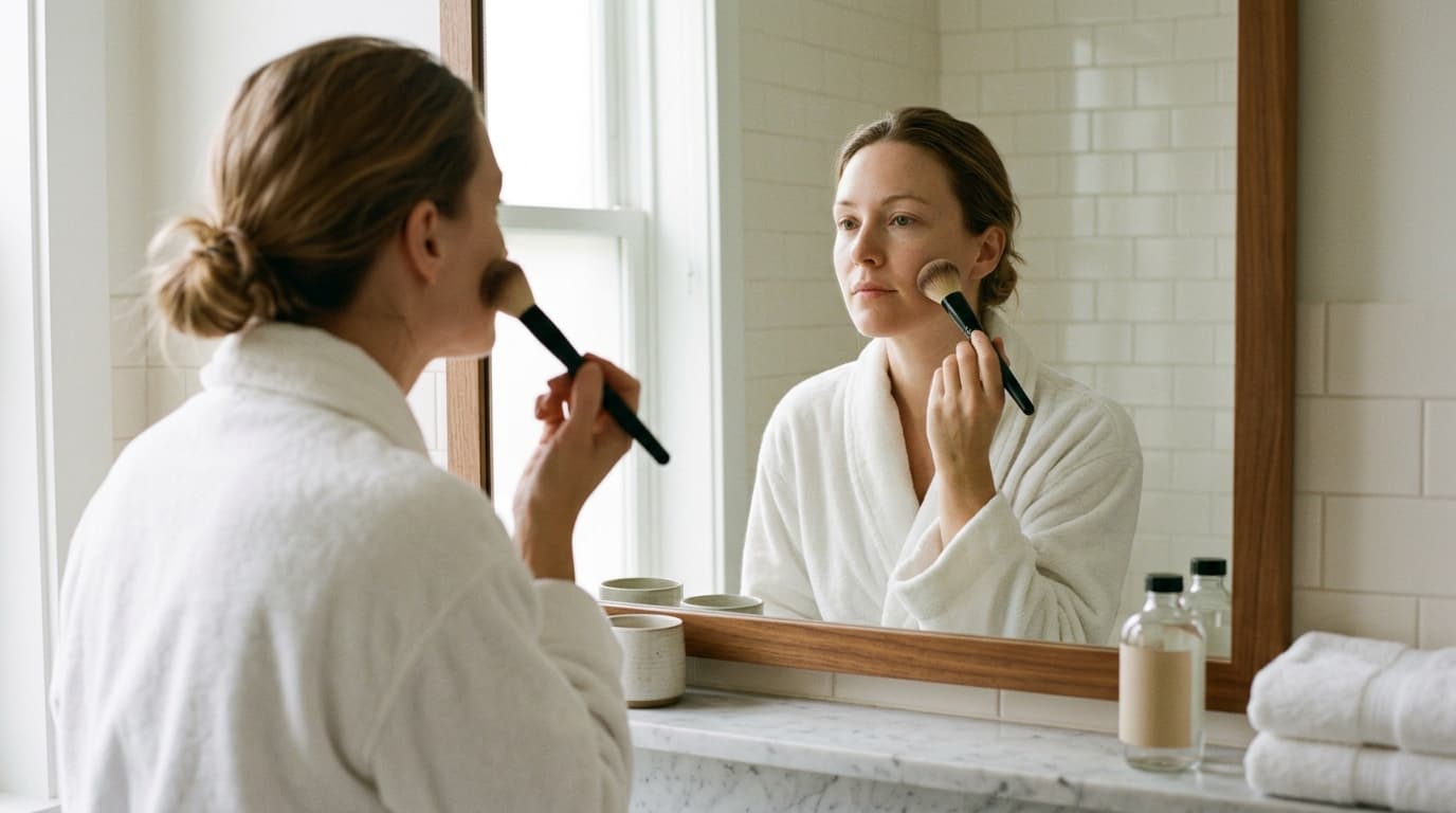 A woman in her thirties with her hair pulled back, standing at a bright bathroom vanity mirror with pale tile, holding a plain unmarked makeup brush near her cheek, wearing a soft white robe, bare face with no visible bruising or scars, soft natural window light, calm and contemplative expression