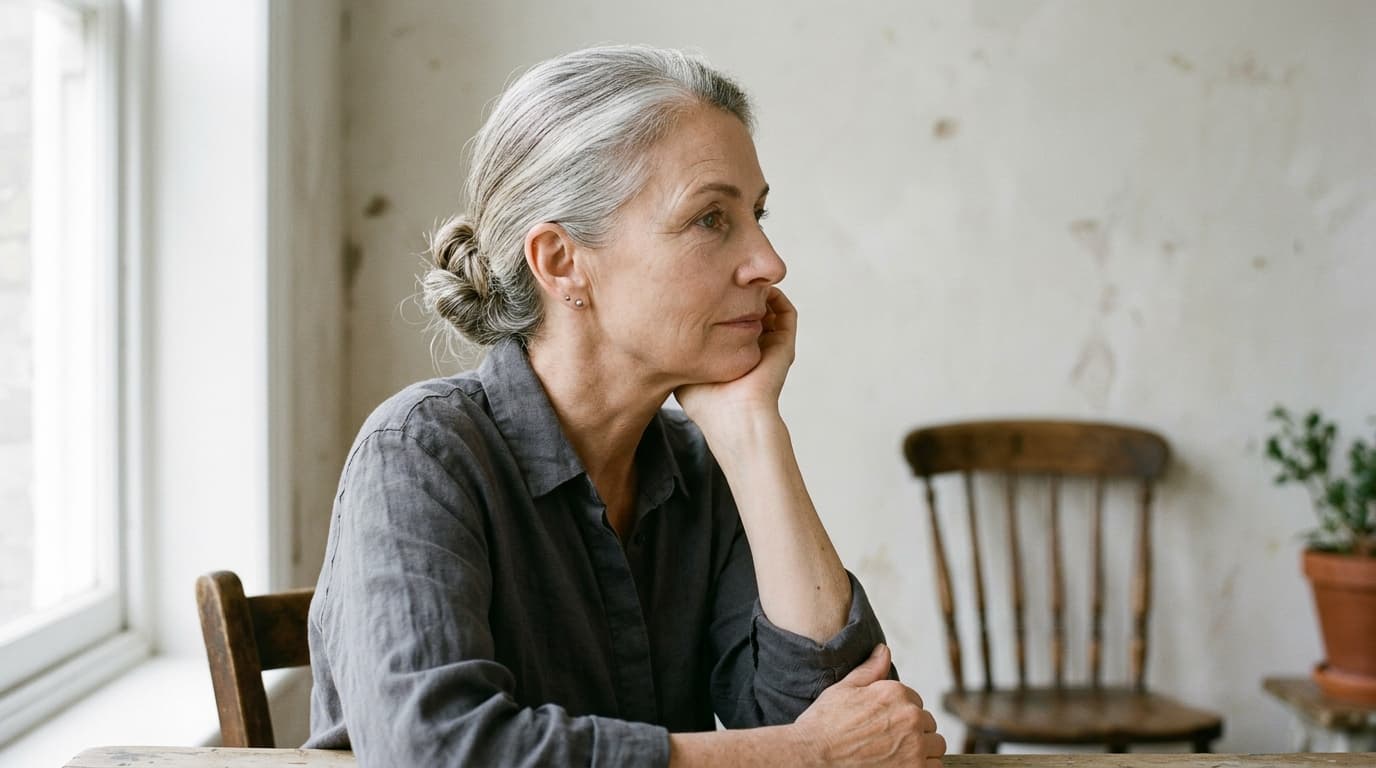 A woman in her late fifties with silver hair in a low knot, seen in three-quarter profile in soft window light, resting her chin on her hand with a calm neutral expression and natural folds beside the mouth, wearing a charcoal linen shirt at a wooden table in a quiet room with a pale plaster wall, a spindle-back wooden chair and a small potted plant out of focus behind her