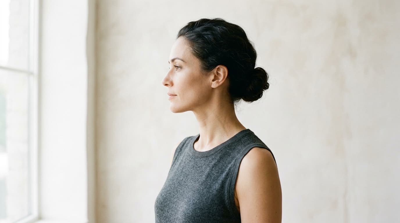 A woman in her early forties with dark hair pulled back, seen in profile in soft window light, chin lifted slightly to show a smooth jawline and neck, wearing a plain sleeveless top, standing against an out-of-focus pale wall in a bright, minimal room