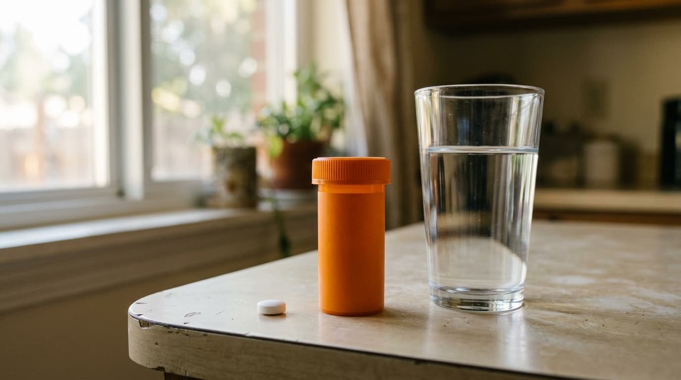 An orange prescription pill bottle and a small unmarked white pill sitting on a plain kitchen counter beside a glass of water in soft morning light, no visible pharmacy label text, no branding