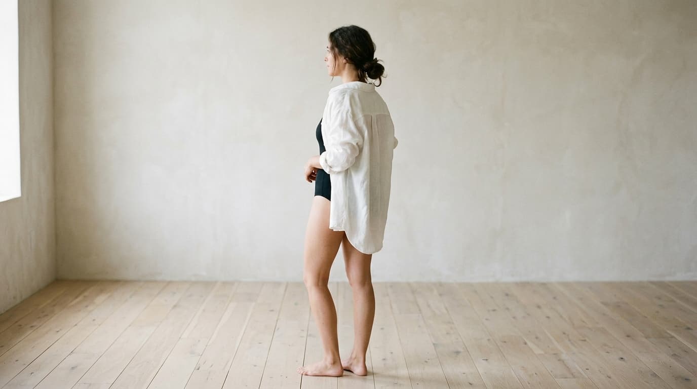 A woman in her thirties shown full length in profile, facing away toward a tall window in a bare studio with pale plaster walls, wearing a black one-piece swimsuit under a loose white linen shirt, standing barefoot on a pale wooden floor in soft daylight