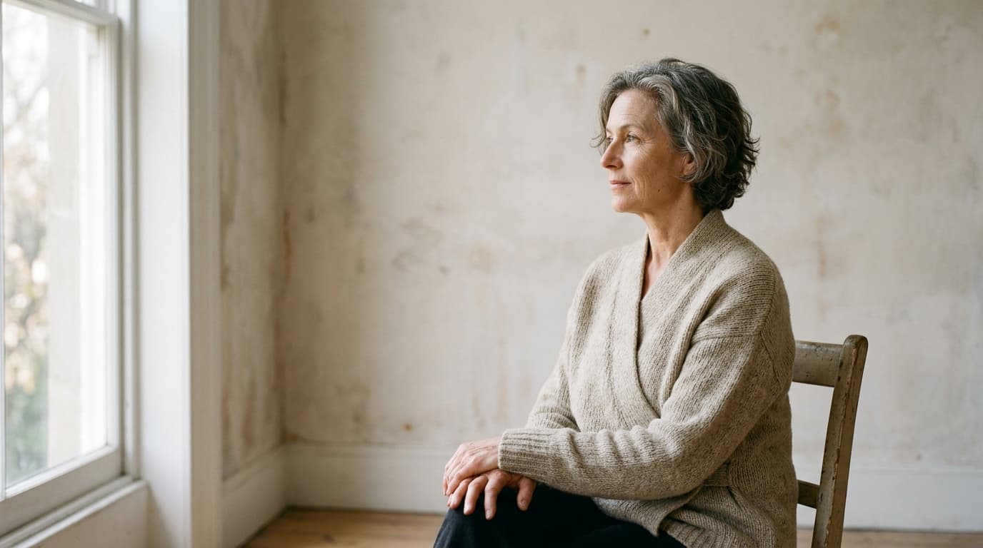 A woman in her fifties with short grey hair, wearing a plain oatmeal knit cardigan and dark trousers, seated on a worn wooden chair in a bare room with a weathered plaster wall, looking calmly toward a tall window in soft daylight