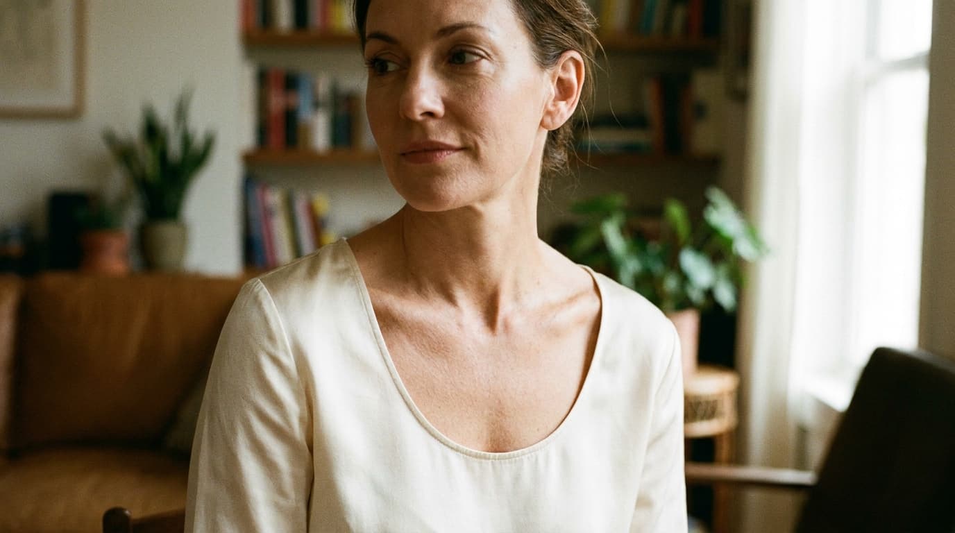 A woman in her forties in a scoop-neck ivory top, photographed from the collarbones up in soft directional window light, head turned slightly away