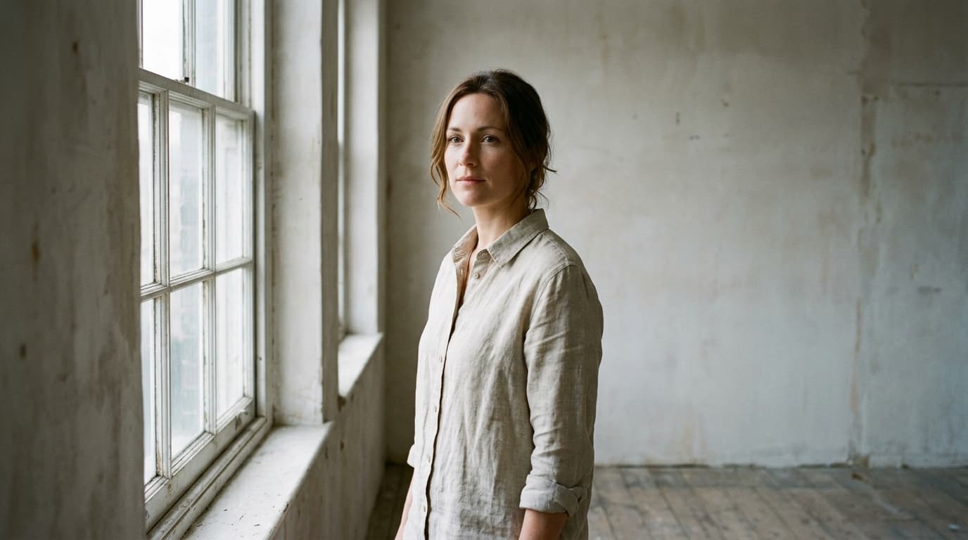 Editorial portrait of a woman in a plain linen shirt standing beside a tall paned window in a bare room with a pale plaster wall and worn wooden floorboards, soft natural side light, no visible text