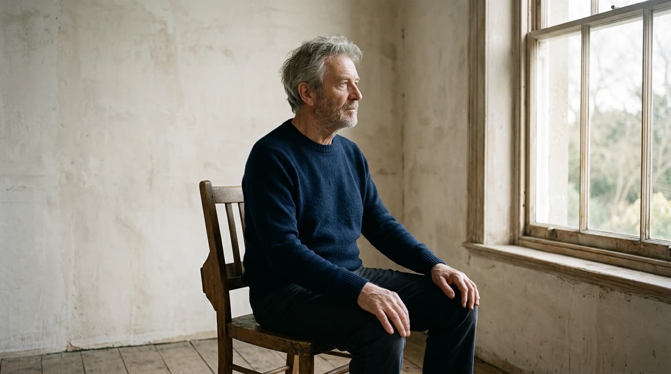 A man in his sixties with grey hair and a short grey beard, wearing a plain navy knit sweater, seated on a simple wooden chair in a bare room with a pale plaster wall, looking toward a tall window in soft daylight