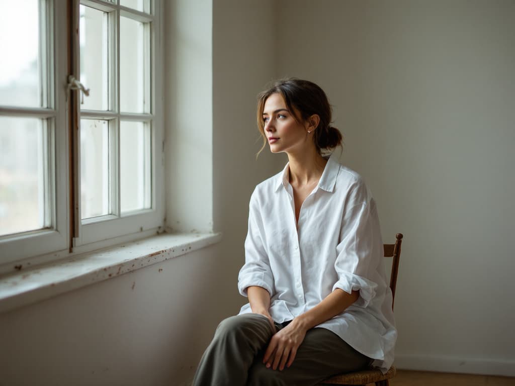 Editorial portrait of a woman in a loose white cotton shirt and olive trousers seated on a wooden chair beside a tall paned window in a bare room with a pale plaster wall, soft natural side light, no visible text