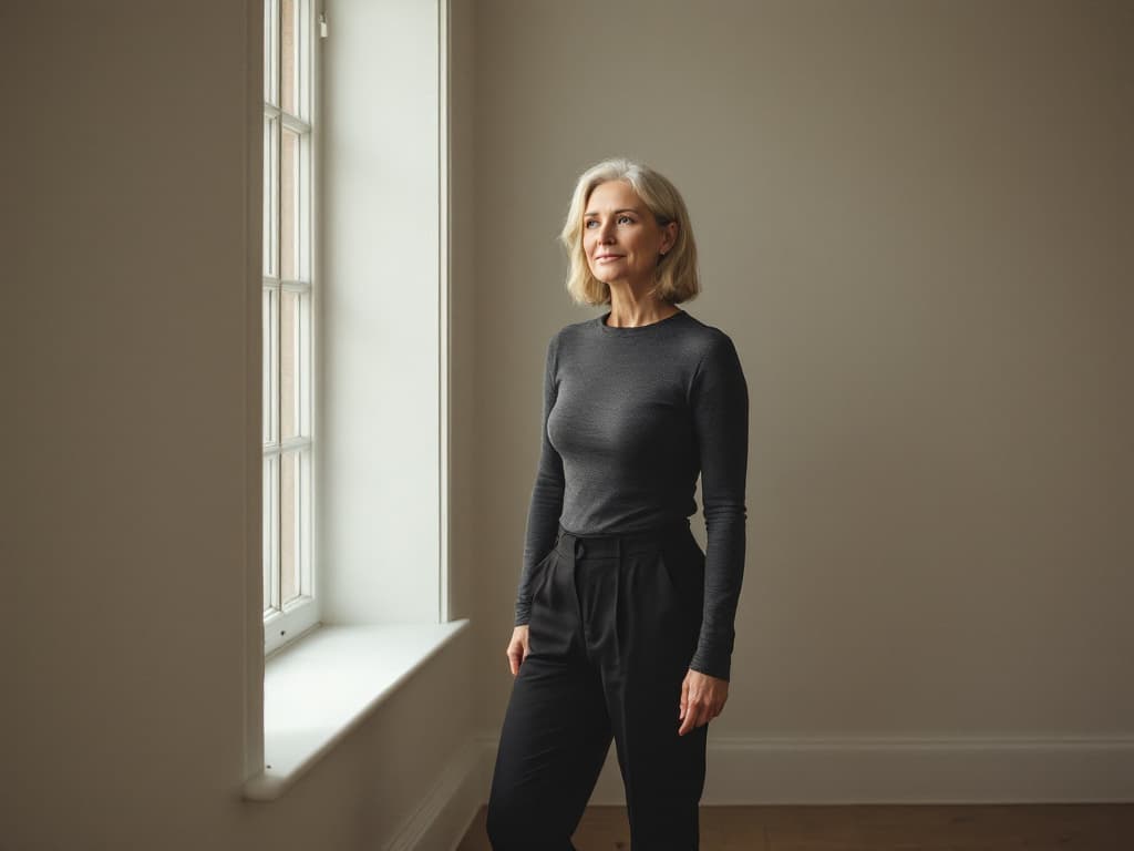 Editorial portrait of a woman with shoulder-length blonde hair in a fitted charcoal long-sleeve top and black trousers, standing beside a tall paned window in a bare room with pale walls and a wooden floor, soft natural side light, no visible text