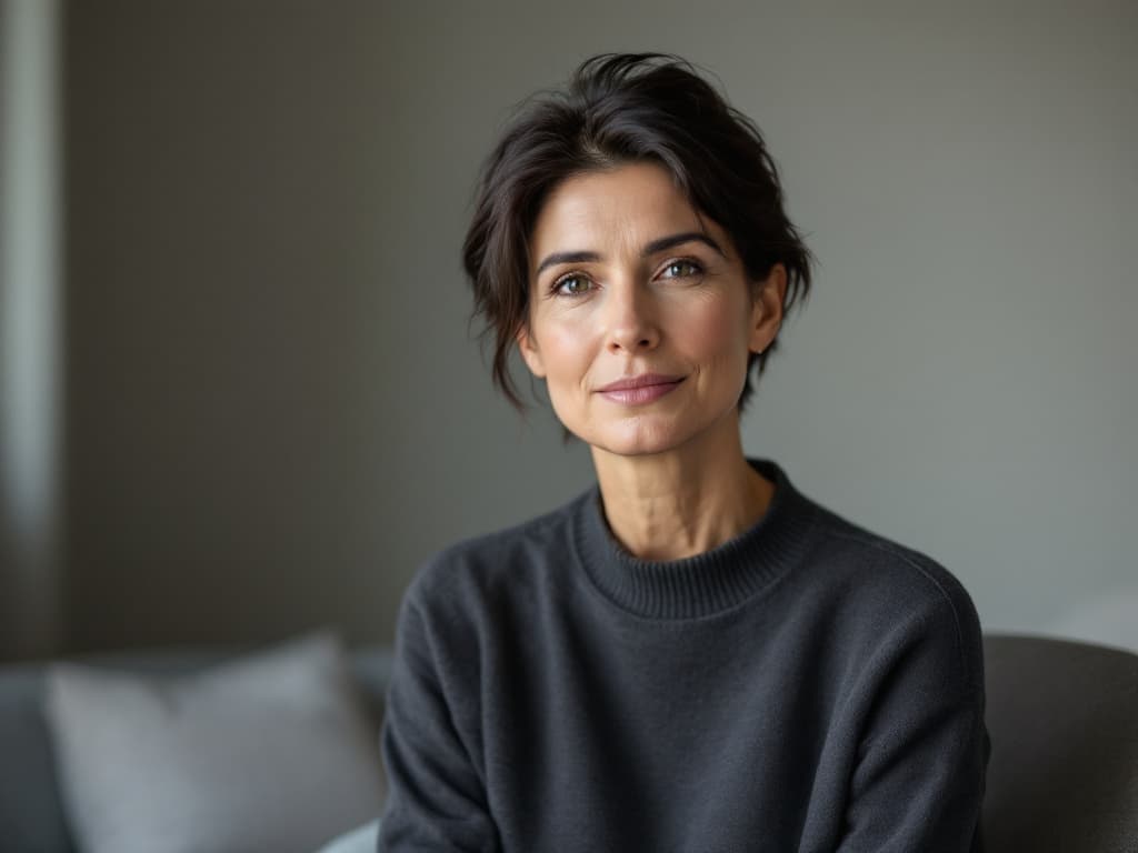 Editorial portrait of a woman in her fifties with short dark hair swept back from her forehead, wearing a charcoal crew-neck sweater, seated in a bare room with a soft grey wall and a pale cushion blurred behind her, soft natural light across her forehead and brows