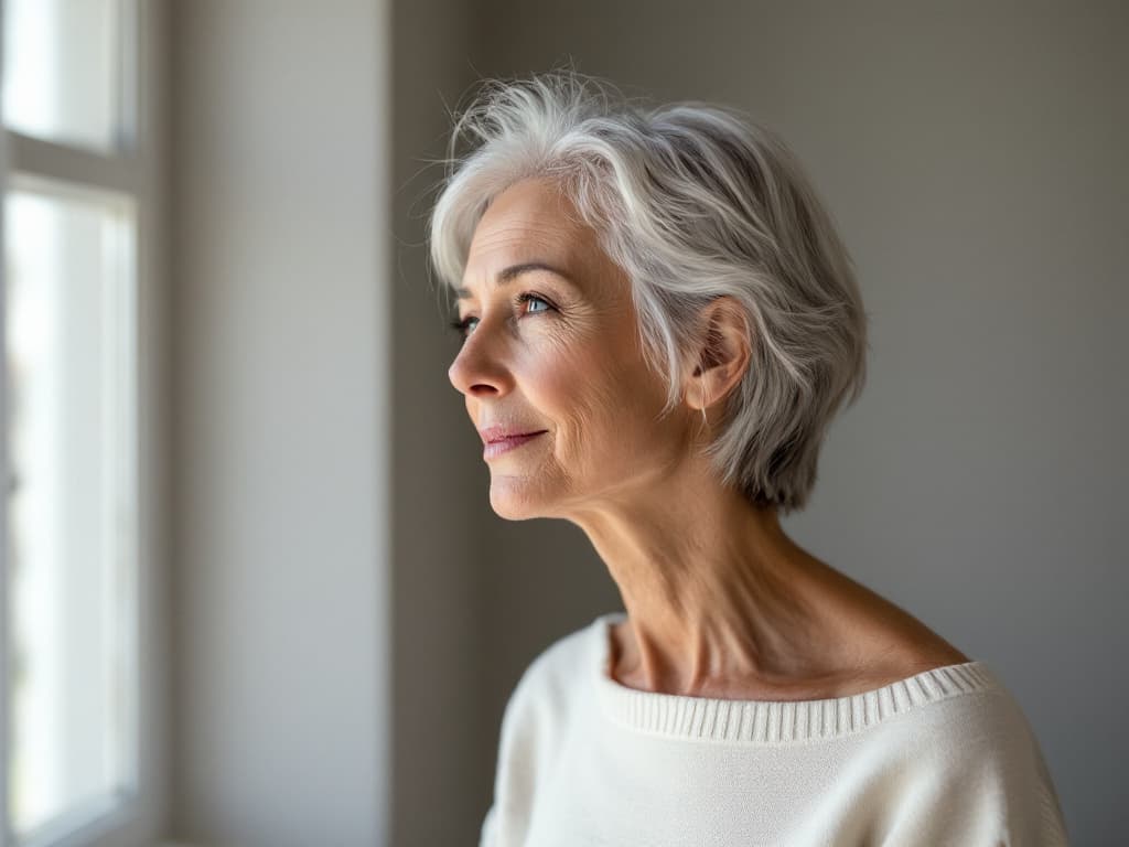 Editorial portrait of a woman with short silver hair in profile, chin slightly raised toward a window, wearing a plain cream boat-neck sweater against a soft gray wall