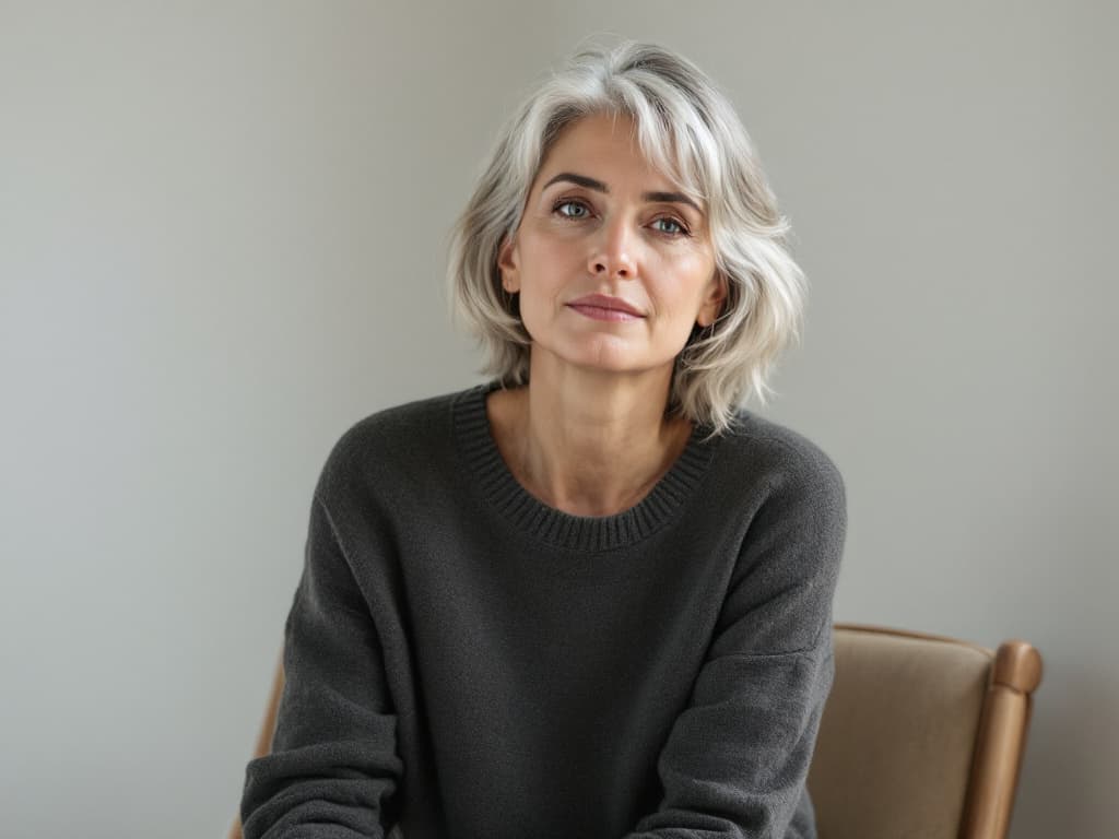 Editorial portrait of a woman with shoulder-length silver hair and light eyes, wearing an oversized charcoal knit sweater, seated in a tan wooden chair against a pale gray wall in soft natural light