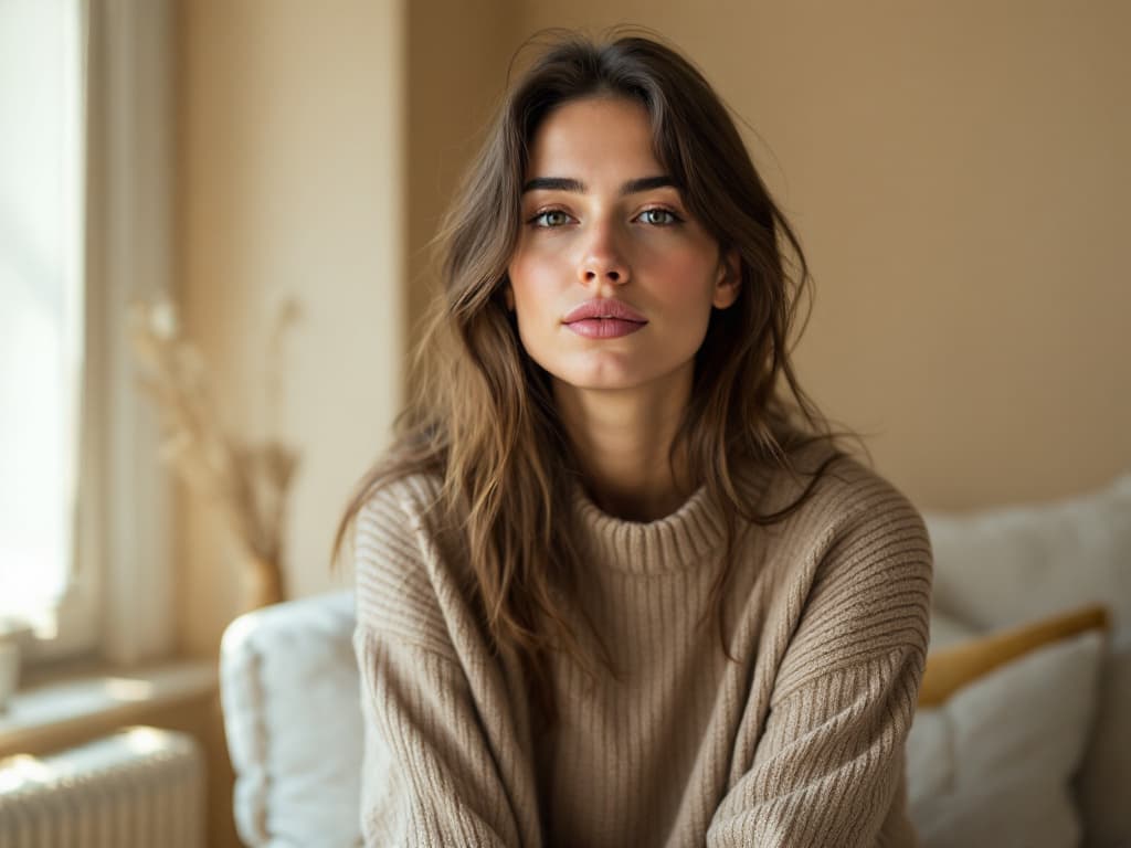 Editorial portrait of a young woman with long brown hair and a calm expression, wearing an oatmeal knit sweater, seated on a white sofa beside a sunlit window against a warm beige wall