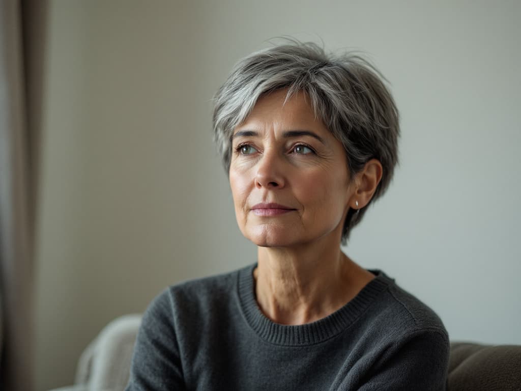 Editorial photograph of a middle-aged woman with short gray hair in a plain charcoal crew-neck sweater, seated in a softly lit room against a pale wall, gazing toward a window with soft light across her face, neck, and jawline