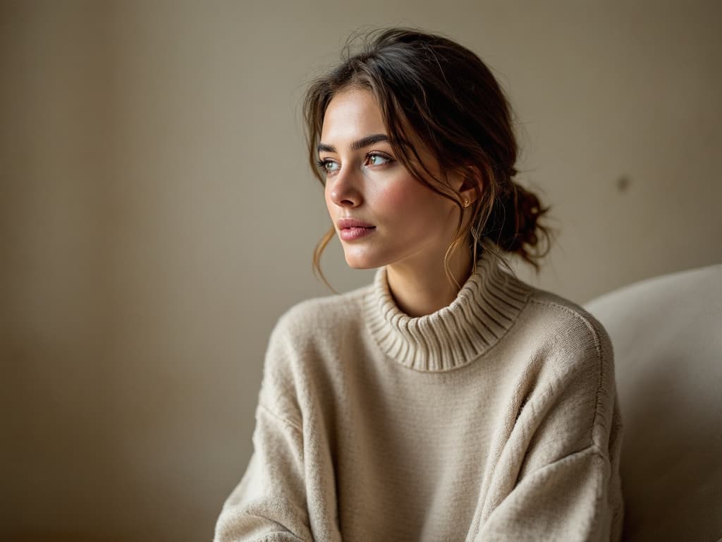Editorial portrait of a young woman with dark hair loosely pinned up, wearing an oatmeal knit turtleneck sweater, seated against a pale wall in soft window light and looking off to the side in three-quarter profile