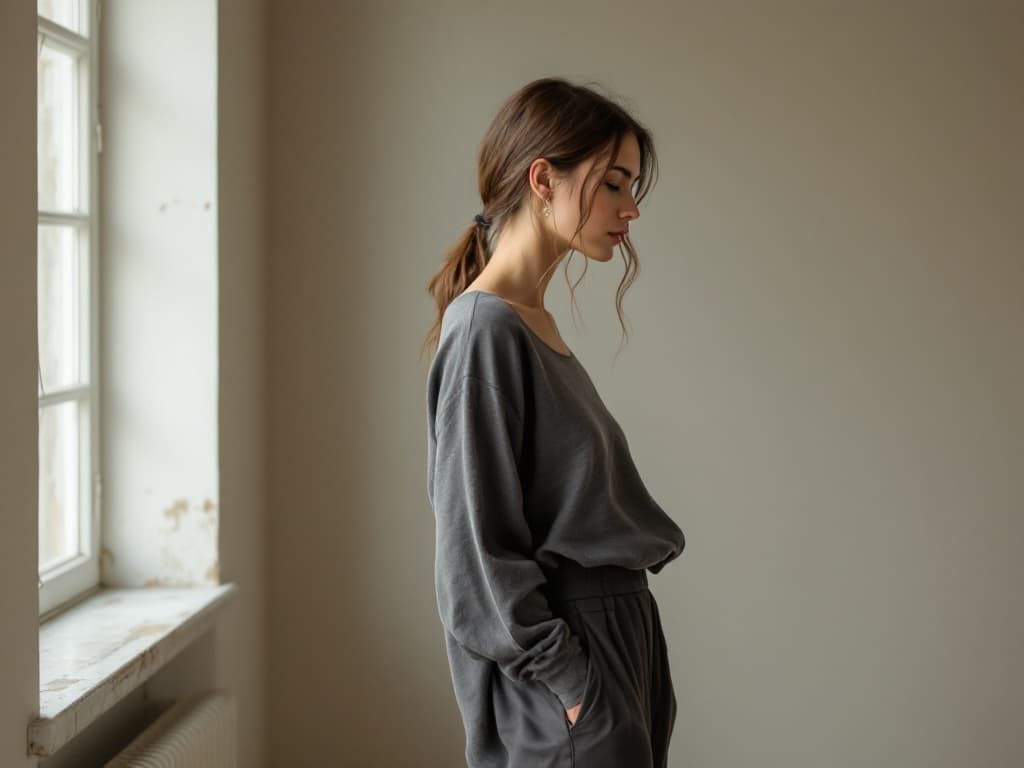 A young woman with her hair in a loose ponytail standing in profile beside a tall window in a bare, softly lit room, wearing a loose charcoal long-sleeve top and high-waisted dark trousers, one hand in her pocket and eyes lowered