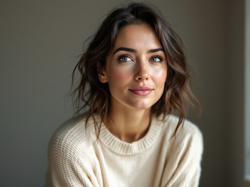 Editorial portrait of a woman in her thirties with shoulder-length wavy dark hair and long natural lashes, wearing a plain cream knit sweater and looking slightly off camera in soft window light against a neutral grey wall