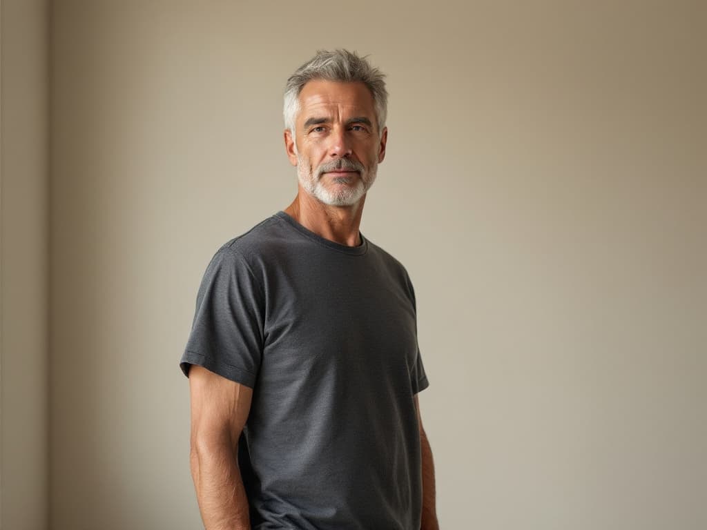 A lean man in his fifties with short gray hair and a trimmed gray beard, wearing a plain charcoal t-shirt, standing against a bare beige wall in soft daylight with a calm, steady expression