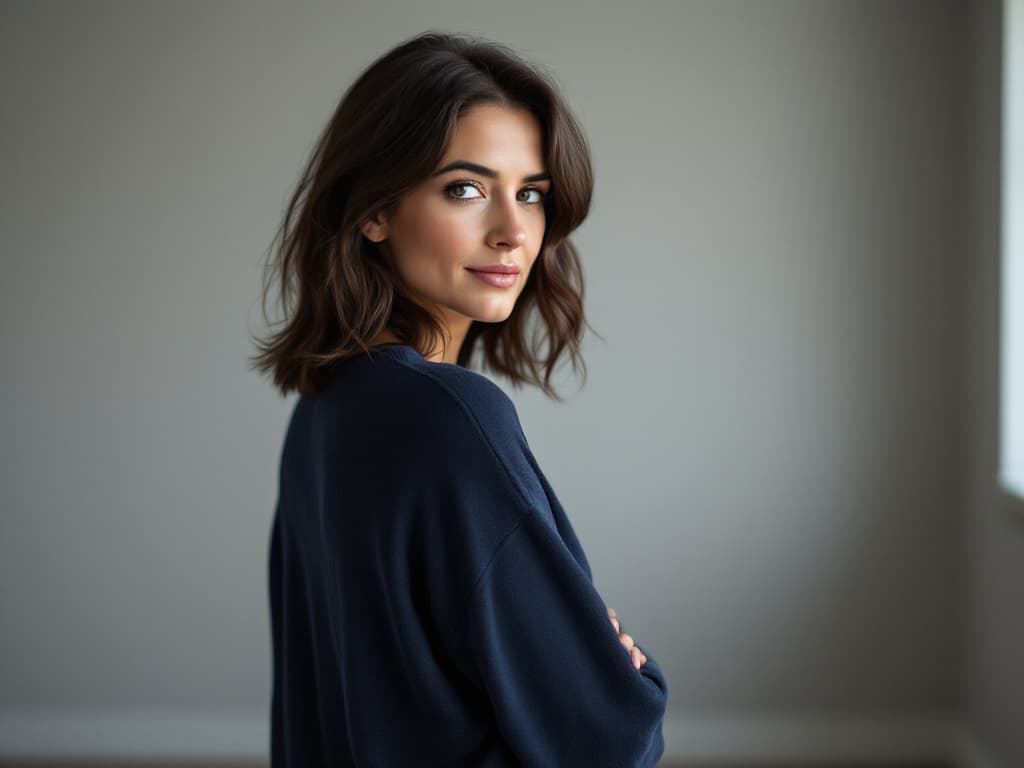 A woman in her thirties with shoulder-length wavy dark brown hair, wearing a loose navy knit sweater, looking back over her shoulder with a slight smile against a bare gray wall in soft window light