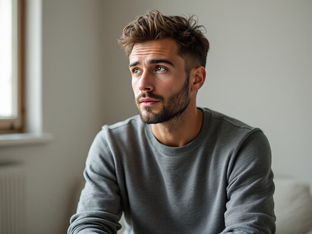 A man in his early thirties in a plain grey crewneck sweater, with tousled brown hair and a short beard, seated in a pale room beside a window in soft daylight, looking off to the side with a thoughtful expression