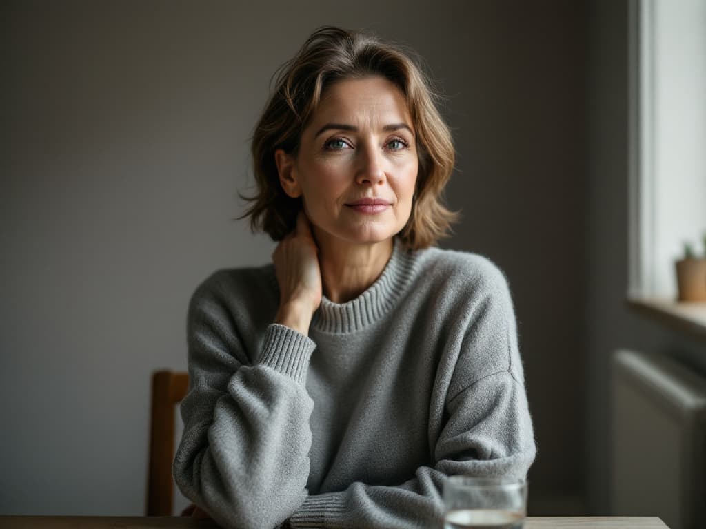 A woman in her late forties with shoulder-length brown hair in a plain grey knit sweater, seated at a wooden table in soft window light, one hand resting at the side of her neck, with a glass of water in front of her