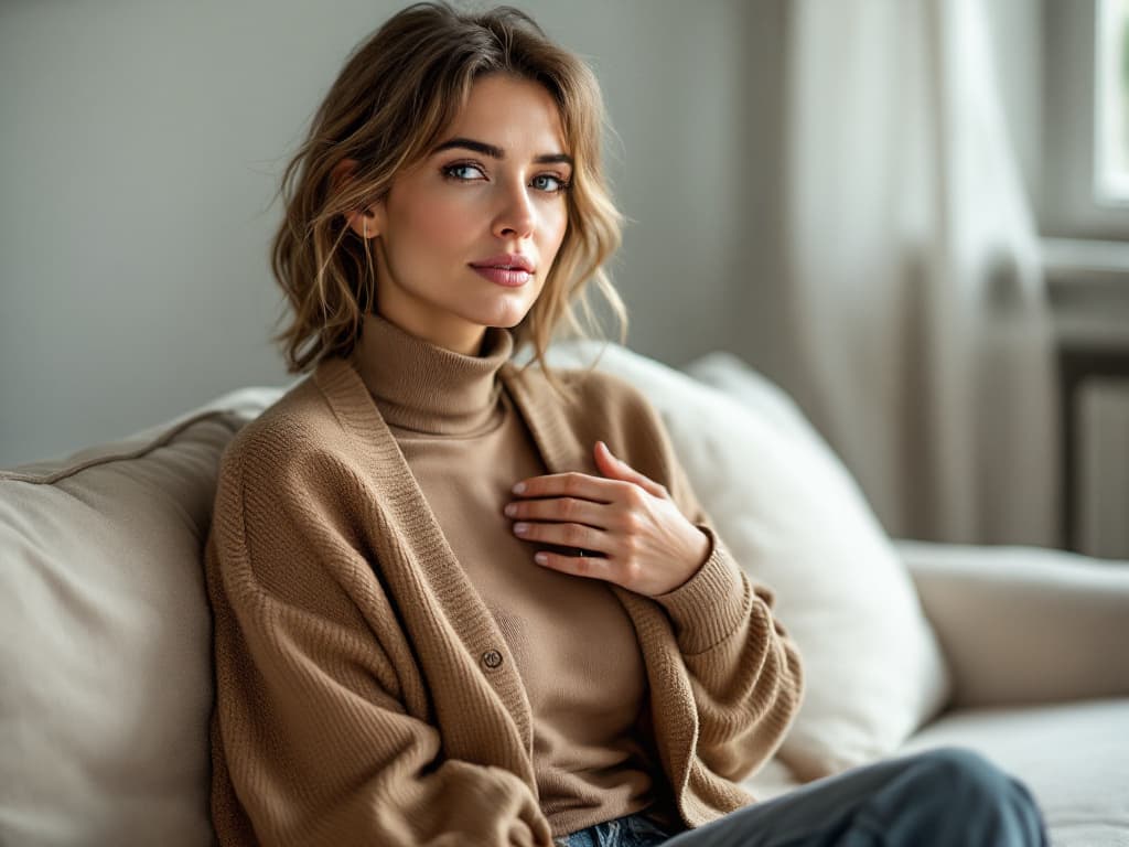 Editorial portrait of a young woman with shoulder-length wavy hair, wearing a camel turtleneck under an open camel knit cardigan, seated on a pale sofa with one hand resting on her upper chest in soft window light