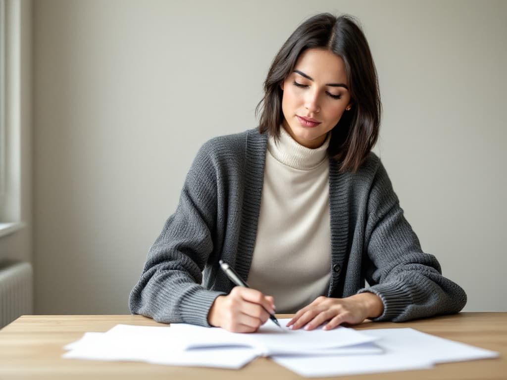 Editorial portrait of a young woman with dark shoulder-length hair in an open gray knit cardigan over a cream turtleneck, seated at a light wooden table writing on loose plain white papers with a pen in soft window light