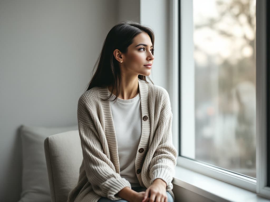 Editorial portrait of a woman in her late twenties with long dark hair, wearing an open oatmeal knit cardigan over a white crew-neck top, seated beside a tall window in a pale, quiet room and looking out at soft daylight