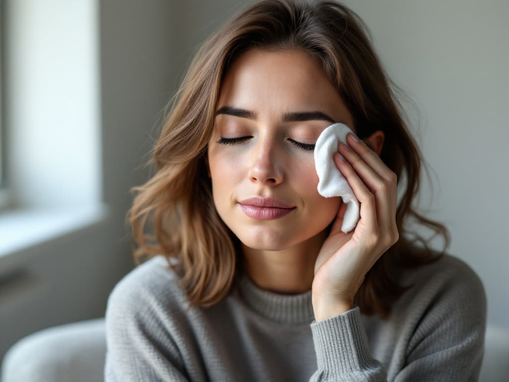 A woman around thirty with shoulder-length brown hair, wearing a grey crewneck sweater, eyes closed, holding a folded white washcloth against her cheek beside one eye in soft window light