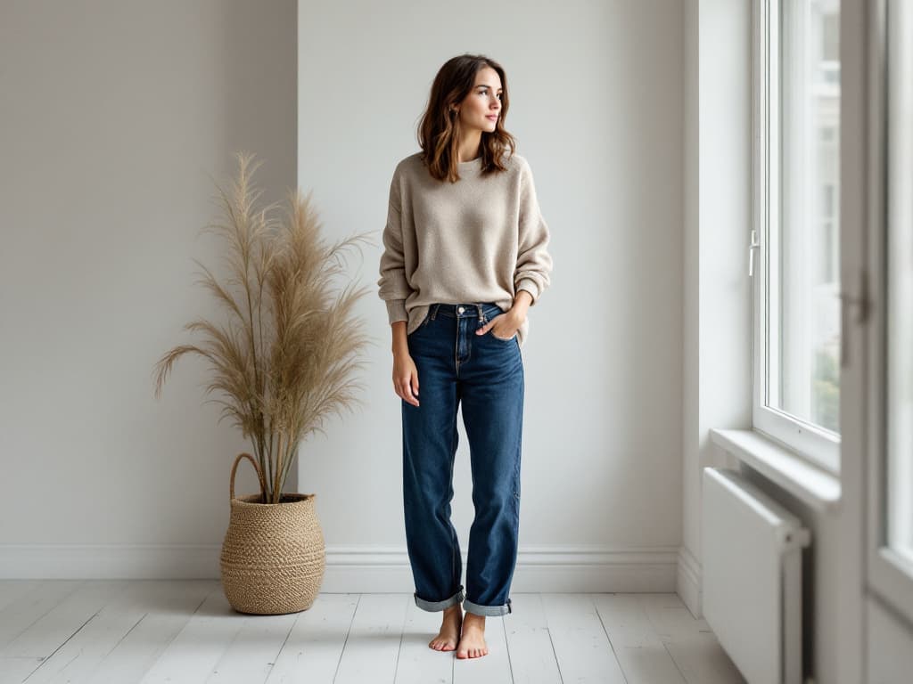 A woman in her early thirties with shoulder-length brown hair, wearing a loose oatmeal knit sweater and cuffed blue straight-leg jeans, standing barefoot on a white-painted wooden floor in a bright, sparsely furnished white room, one hand in her pocket, looking toward a tall window, a woven basket of dried pampas grass beside her