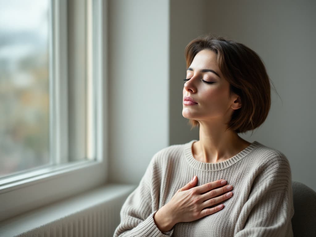 A woman in her thirties with a short brown bob in an oversized oatmeal knit sweater, seated beside a tall window with her eyes closed and head tilted slightly back, one hand resting flat on her upper chest as she takes a slow breath