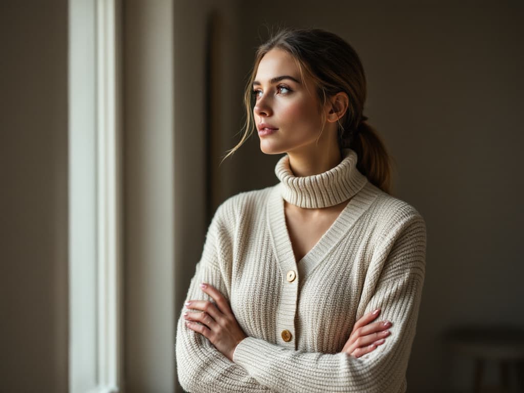 A woman in her late twenties with light brown hair in a low ponytail, wearing a cream knit cardigan with gold buttons over a roll-neck collar, standing with arms folded in a dim, softly lit room and looking out a window