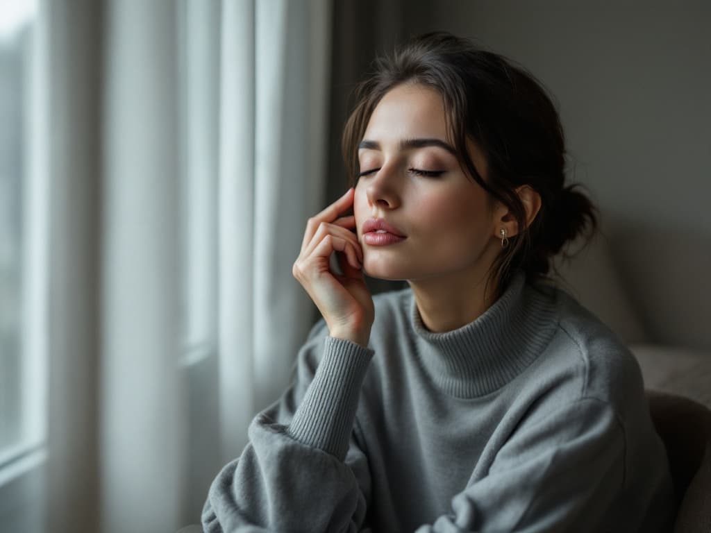 A woman in her late twenties with dark brown hair pulled back loosely, wearing a soft grey roll-neck sweater, seated beside a window with sheer curtains, eyes closed, fingertips resting against her cheek