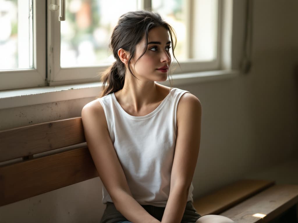 A woman in her twenties with dark hair in a loose ponytail, wearing a sleeveless white top, seated on a wooden bench beside a bright window in a plain room with her hands in her lap, looking over her shoulder