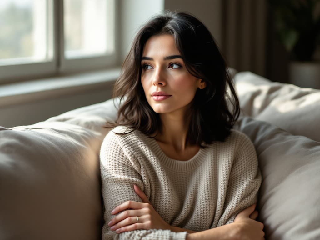 A woman around thirty with shoulder-length dark hair in a cream textured knit sweater, seated on a pale linen sofa beside a sunlit window, arms folded loosely across her body, gazing thoughtfully toward the light