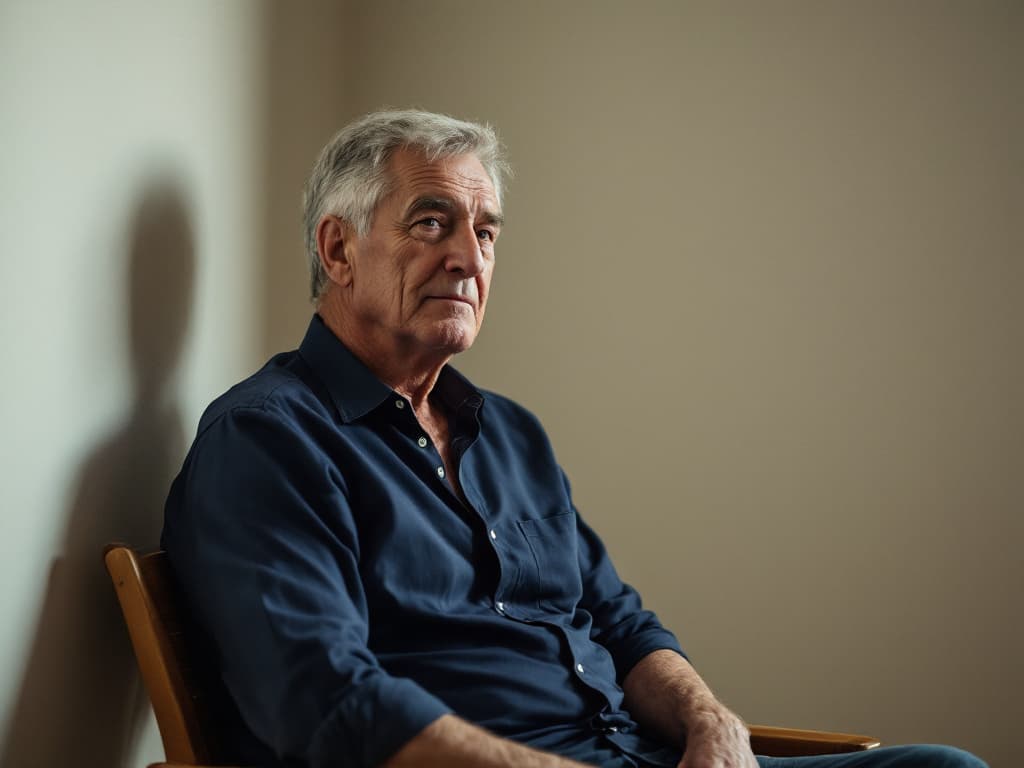 A man in his late sixties with swept-back grey hair, wearing a navy button-up shirt with the sleeves rolled to the forearm, seated on a simple wooden chair against a bare beige wall in soft side light, his shadow cast on the wall behind him, gazing calmly off to one side