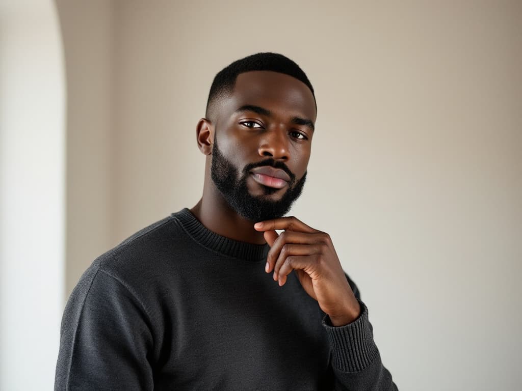 A Black man in his early thirties with a closely trimmed short beard, wearing a plain charcoal crewneck sweater, standing in a softly lit room with a pale wall and an arched doorway, hand raised with fingers curled beneath his chin, looking toward the camera