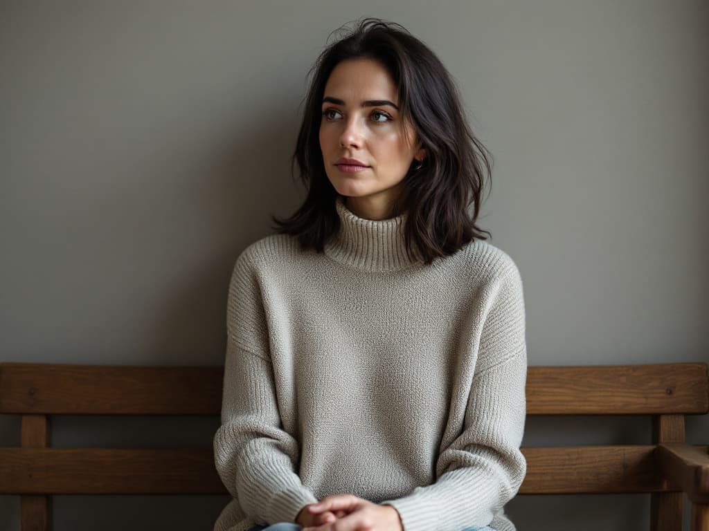 A woman around thirty with shoulder-length dark hair, wearing a loose oatmeal turtleneck sweater, seated on a wooden bench against a bare grey wall in soft side light, hands clasped in her lap, looking calmly off to one side