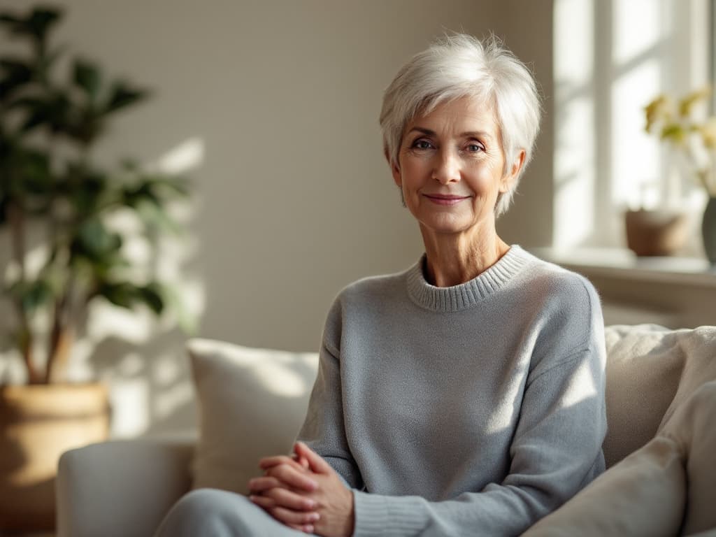 A woman in her early sixties with short silver hair, wearing a soft grey knit sweater, seated on a cream sofa in a sunlit room beside a potted plant, hands clasped in her lap, smiling softly at the camera