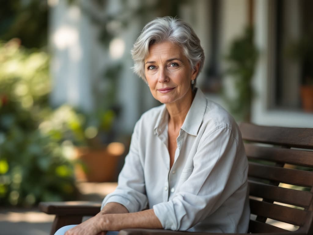 A woman in her early sixties with short silver hair and fair, lightly sun-weathered skin, wearing a plain linen shirt, seated on a wooden bench on a shaded porch with potted plants behind her in soft afternoon light, smiling slightly toward the camera