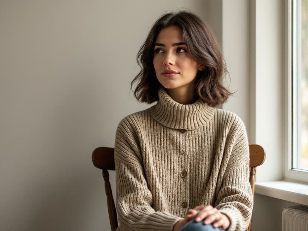A woman in her late twenties with a chin-length dark brown bob, wearing a buttoned oatmeal ribbed turtleneck cardigan and jeans, seated on a wooden chair beside a bright window and a white radiator, hands clasped over one knee, looking toward the window