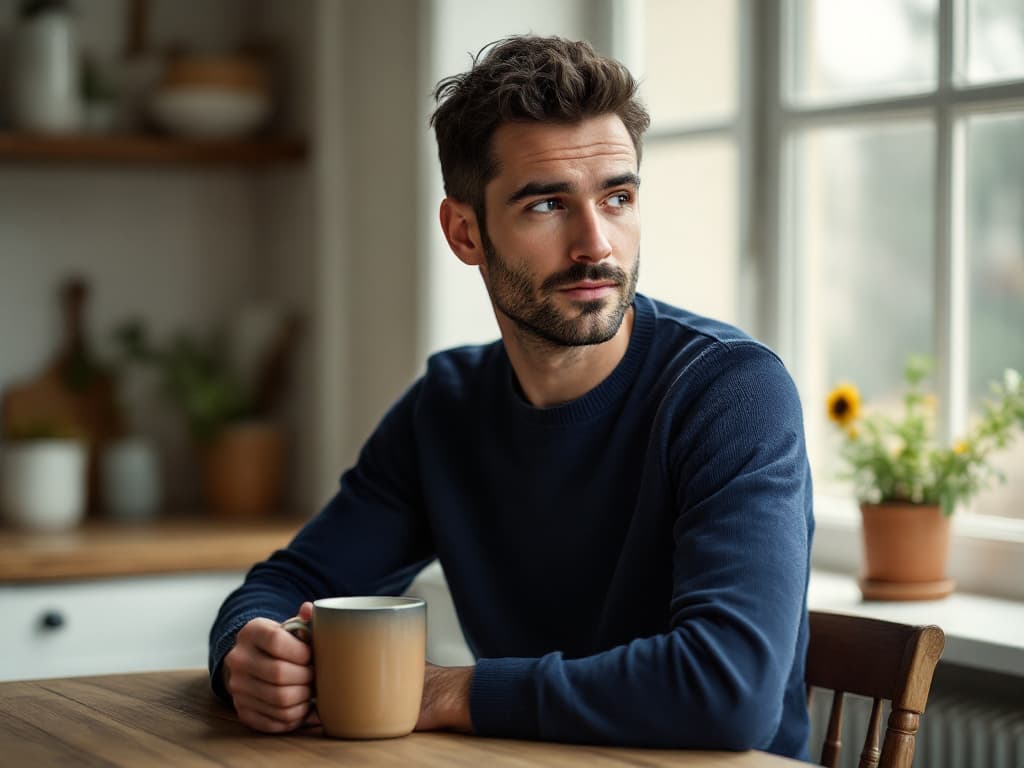 A man in his early thirties with tousled dark hair and a short beard, wearing a navy crewneck sweater, seated at a wooden kitchen table holding a ceramic mug and looking toward a bright window with potted flowers on the sill