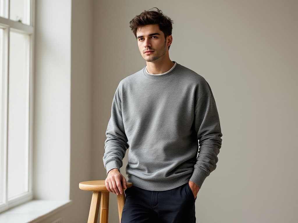 A man in his mid twenties with tousled dark hair and light stubble, wearing a plain heather-grey crewneck sweatshirt and navy trousers, standing beside a tall wooden stool by a bright window against a pale wall, one hand resting on the stool seat and the other in his pocket