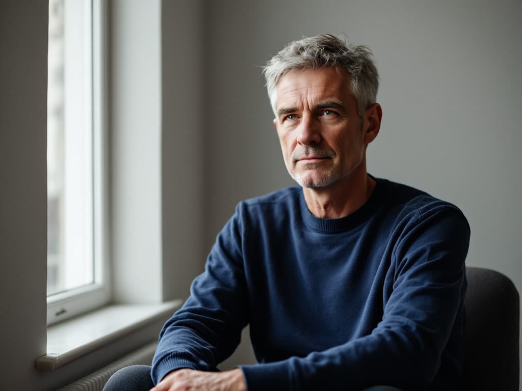 A man in his fifties with short grey hair and light stubble, wearing a navy crewneck sweatshirt, seated in a dark chair beside a tall window and radiator, hands loosely clasped, gazing thoughtfully toward the light