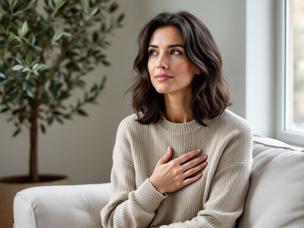 Editorial portrait of a woman in her thirties with shoulder-length dark wavy hair, wearing an oatmeal crewneck knit sweater, seated on a pale linen sofa by a tall window with one hand resting flat on her chest over the breastbone, a potted olive tree behind her in soft daylight